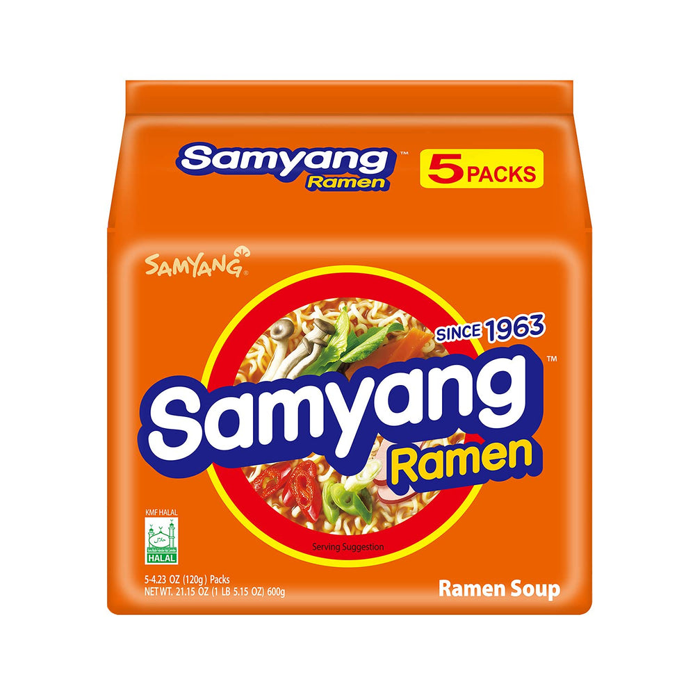 SAMYANG front packaging showing five individual ramen packs and branding benefit easy storage