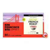 San Francisco Bay front packaging showing 80-count decaf pods and bold roast benefit
