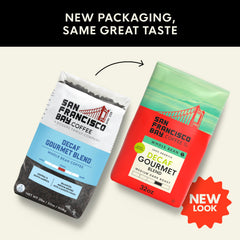 San Francisco Bay 2 lb bag beside a kitchen scale illustrating bag weight benefit