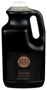 San-J front label on 64 oz bottle showing organic certification and benefits