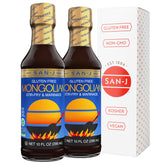San-J bottle front view showing Mongolian Sauce and easy pouring benefit