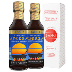 San-J bottle front view showing Mongolian Sauce and easy pouring benefit