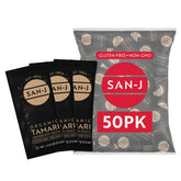San-J front packaging displaying 50 tamari packets and convenient portability
