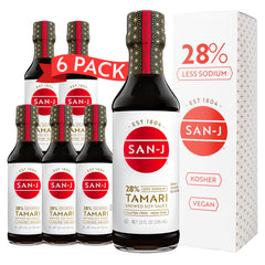 San-J tamari front packaging showing 10 oz bottle and gluten-free label benefit