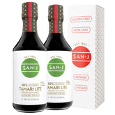 San-J bottle front packaging showing brand and 50% less sodium benefit