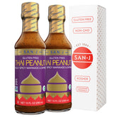 San-J front packaging showing two 10 oz bottles and label benefits