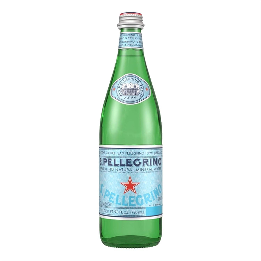 San Pellegrino 750 mL glass bottle front view, elegant table presentation