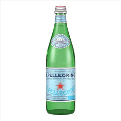San Pellegrino 750 mL glass bottle front view, elegant table presentation