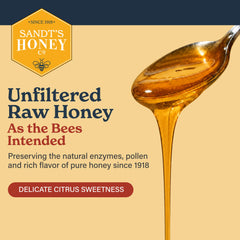 SANDT'S honey being poured to show smooth citrus texture and easy use