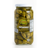 Sanniti caperberries front jar view showing product and label, attractive pantry benefit