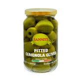 Sanniti front jar of Cerignola olives showing size and convenience for entertaining