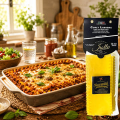 Baked lasagna slice made with Sanniti showing firm layers and hold