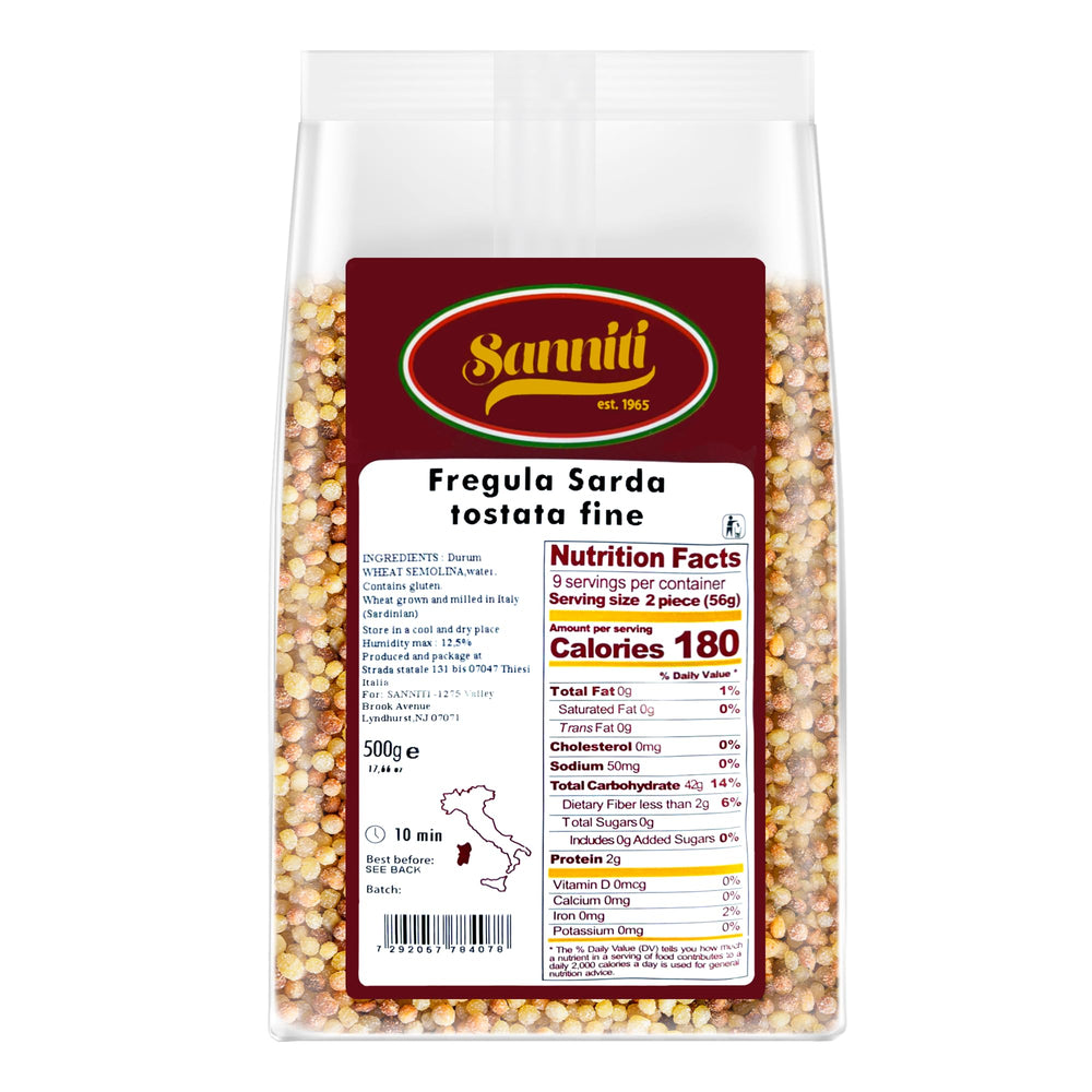 Sanniti front packaging showing organic fregola and benefits