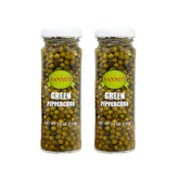 Sanniti jar front view showing green peppercorns and clear brine for authentic Spanish flavor