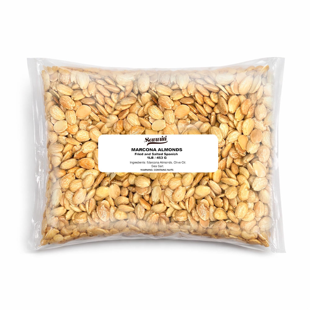 Sanniti front packaging showing 1 lb bag and Spanish Marcona almonds, premium snack benefit