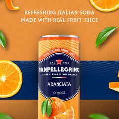 Sanpellegrino can close-up label highlighting brand and authentic Italian orange flavor