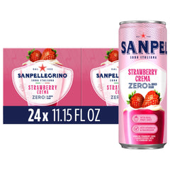 San Pellegrino front packaging showing Strawberry Crema 24-pack and refreshing branding