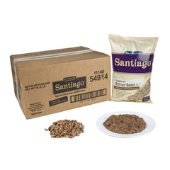 Santiago pouch front label showing brand and vegetarian beans, convenient ready-to-serve