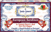 Santo Amaro front can showing label and spicy tomato sauce, ready for pantry use