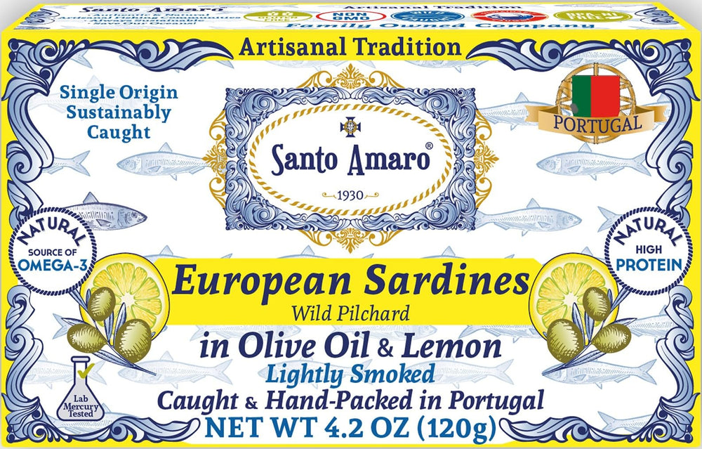 Santo Amaro front packaging showing six tins and Portuguese label, convenient pantry staple