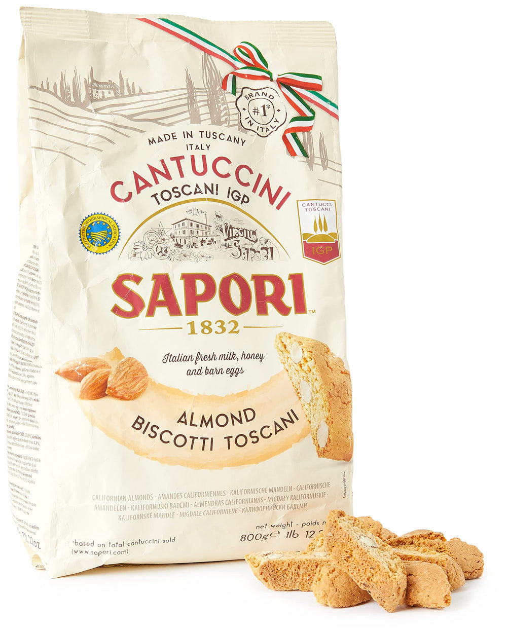Sapori Siena front packaging showing 800g almond cantuccini and brand