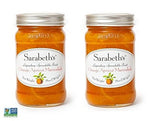 Sarabeth's front packaging of orange-apricot marmalade showcasing two jars and branding benefit