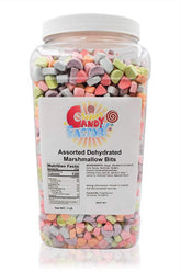 Sarah's Candy Factory jar front showing assorted dehydrated marshmallow bits and reusable lid for easy storage