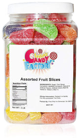 Sarah's Candy Factory front jar showing colorful fruit slice assortment, great for sharing