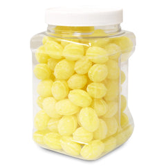 Sarah's Candy Factory jar front view showing bright lemon drops and reusable packaging benefit