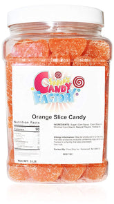 Sarah's Candy Factory front view of 50 oz orange slices jar showing bright gummies