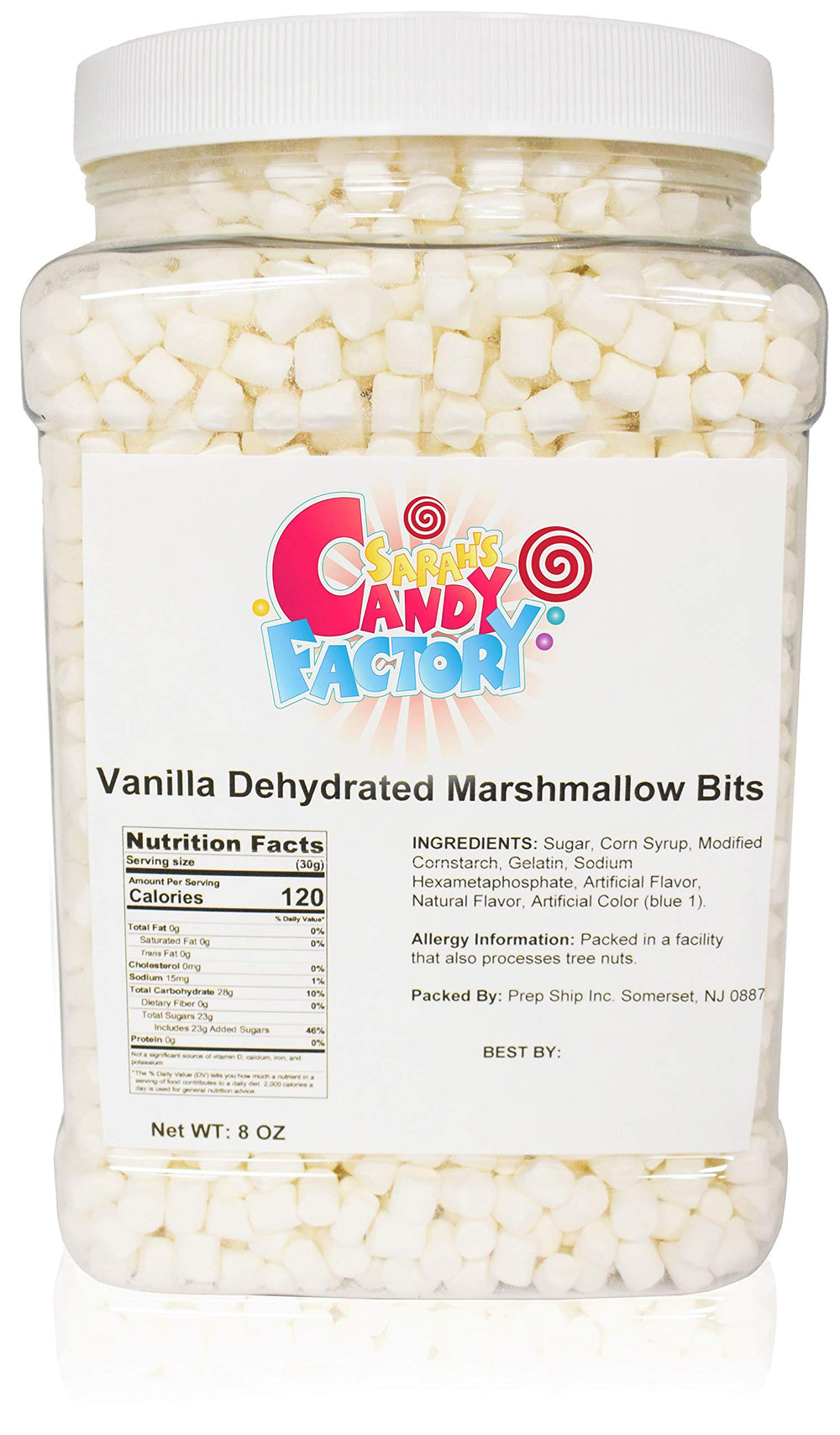 Sarah's Candy Factory jar front view showing vanilla marshmallow bits and clear label benefit fresh storage