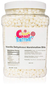 Sarah's Candy Factory jar front view showing vanilla marshmallow bits and clear label benefit fresh storage