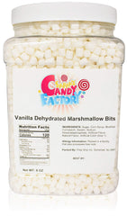 Sarah's Candy Factory jar front view showing vanilla marshmallow bits and clear label benefit fresh storage