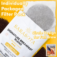 SARASOTA COFFEE & TEA CO. filter pack close-up ready to drop into brewer