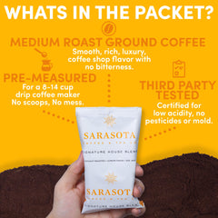 Sarasota Coffee packet placed in drip brewer ready to brew quickly