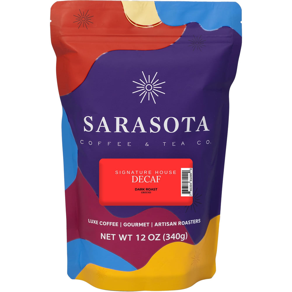 SARASOTA COFFEE & TEA CO. front packaging showing 12 oz bag and decaf benefit