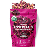 SARASOTA COFFEE & TEA CO. front packaging showing organic rose petals and benefits
