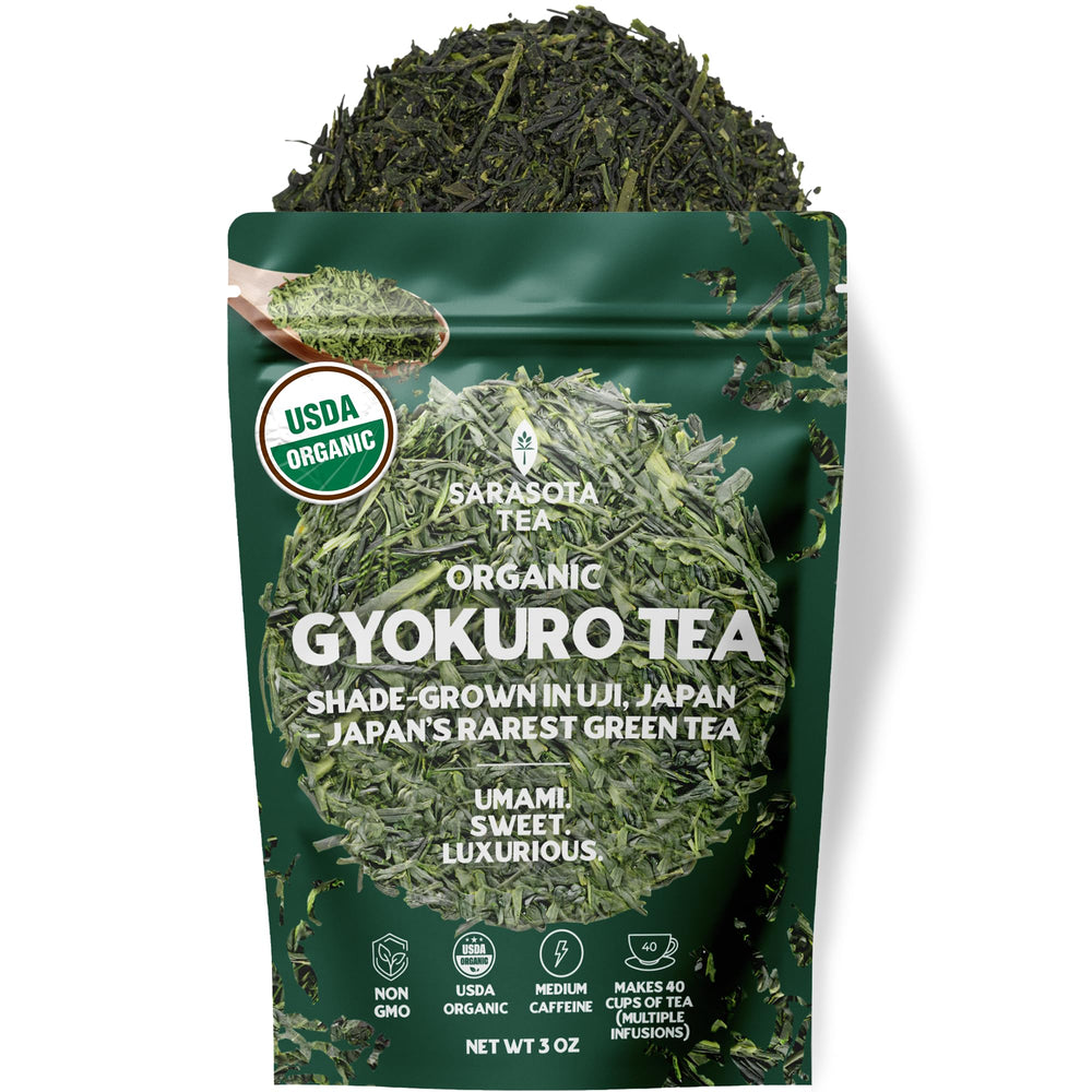 SARASOTA COFFEE & TEA CO. pouch front showing premium gyokuro packaging and freshness