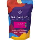 SARASOTA COFFEE & TEA CO. front packaging showing 12 oz bag and flavor benefits