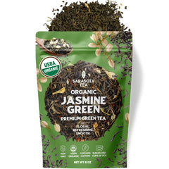 SARASOTA COFFEE & TEA CO. front packaging showing organic jasmine green tea benefits