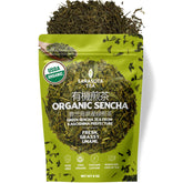 SARASOTA COFFEE & TEA CO. front packaging showing organic sencha benefit freshness