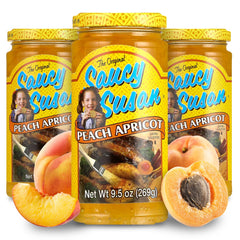 Saucy Susan front packaging showing three 9.5 oz jars and clear label for serving convenience