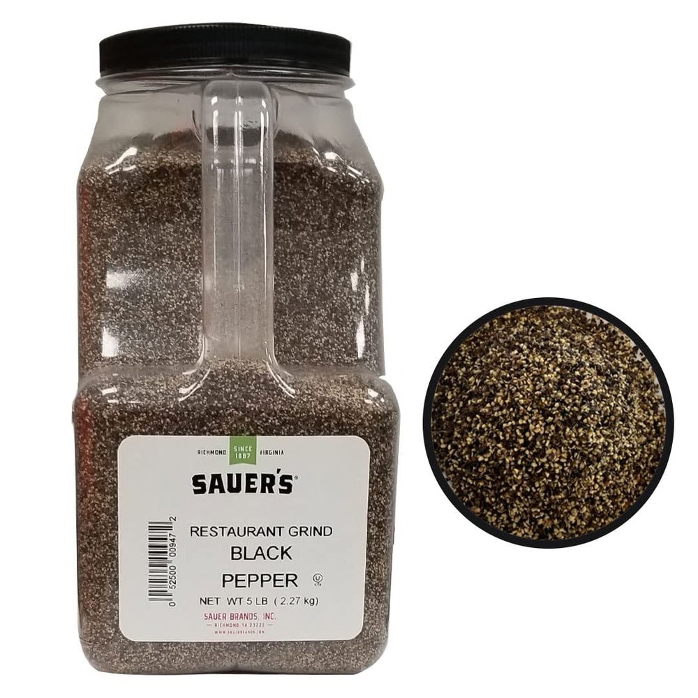 Sauer's 5 lb canister front label showing bulk foodservice packaging and brand clarity
