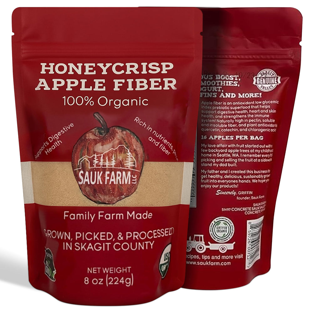 Sauk Farm front packaging showing organic apple fiber and clean ingredient list