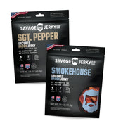 Savage Jerky Co. front packaging showing bacon jerky and resealable bag benefit