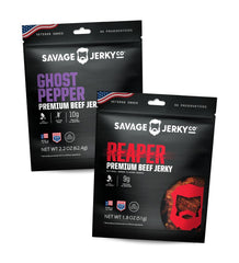 Savage Jerky Co. front packaging showing both ghost pepper and reaper bags, visual appeal