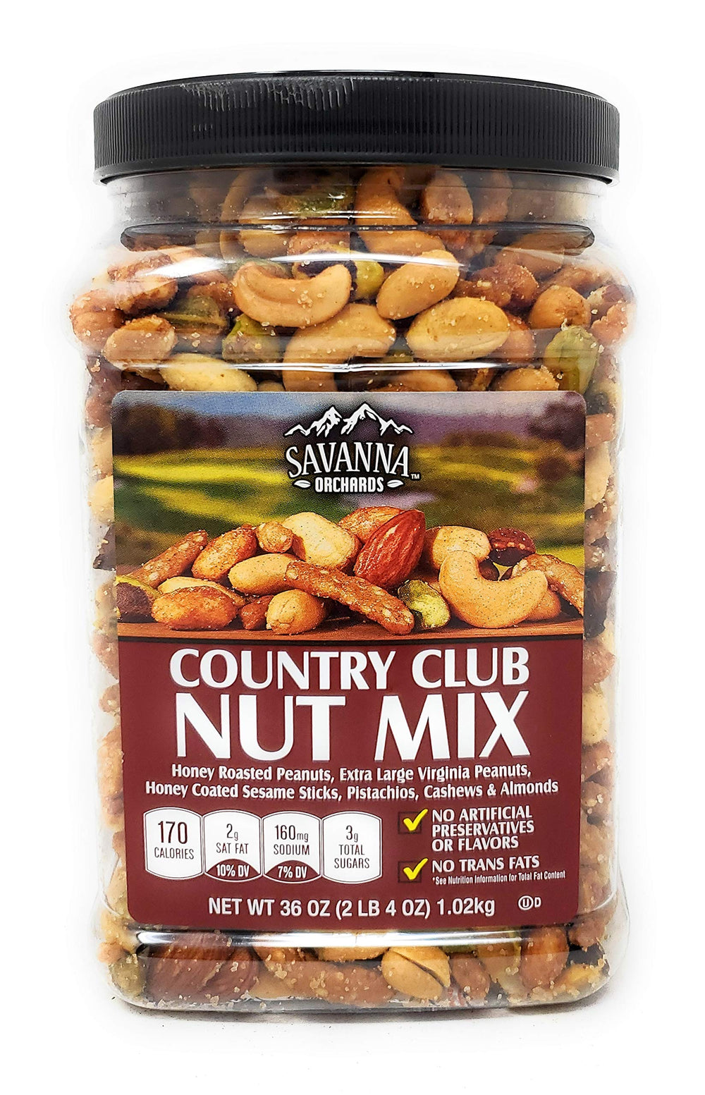 Savanna Orchards front packaging showing large 36oz tin and helpful serving size benefit