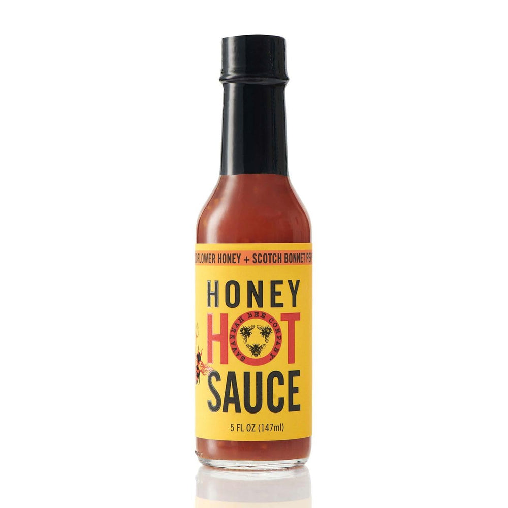Savannah Bee Company jar front view shows sweet and spicy hot honey, great for finishing dishes