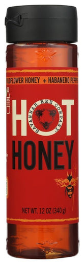 Savannah Bee Company jar front packaging showing 12 oz hot honey benefit versatile condiment
