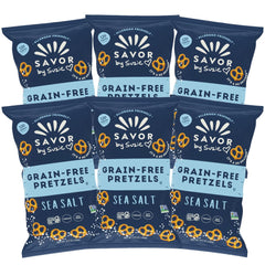 Savor by Suzie front packaging showing six sea salt snack packs and clear branding benefit
